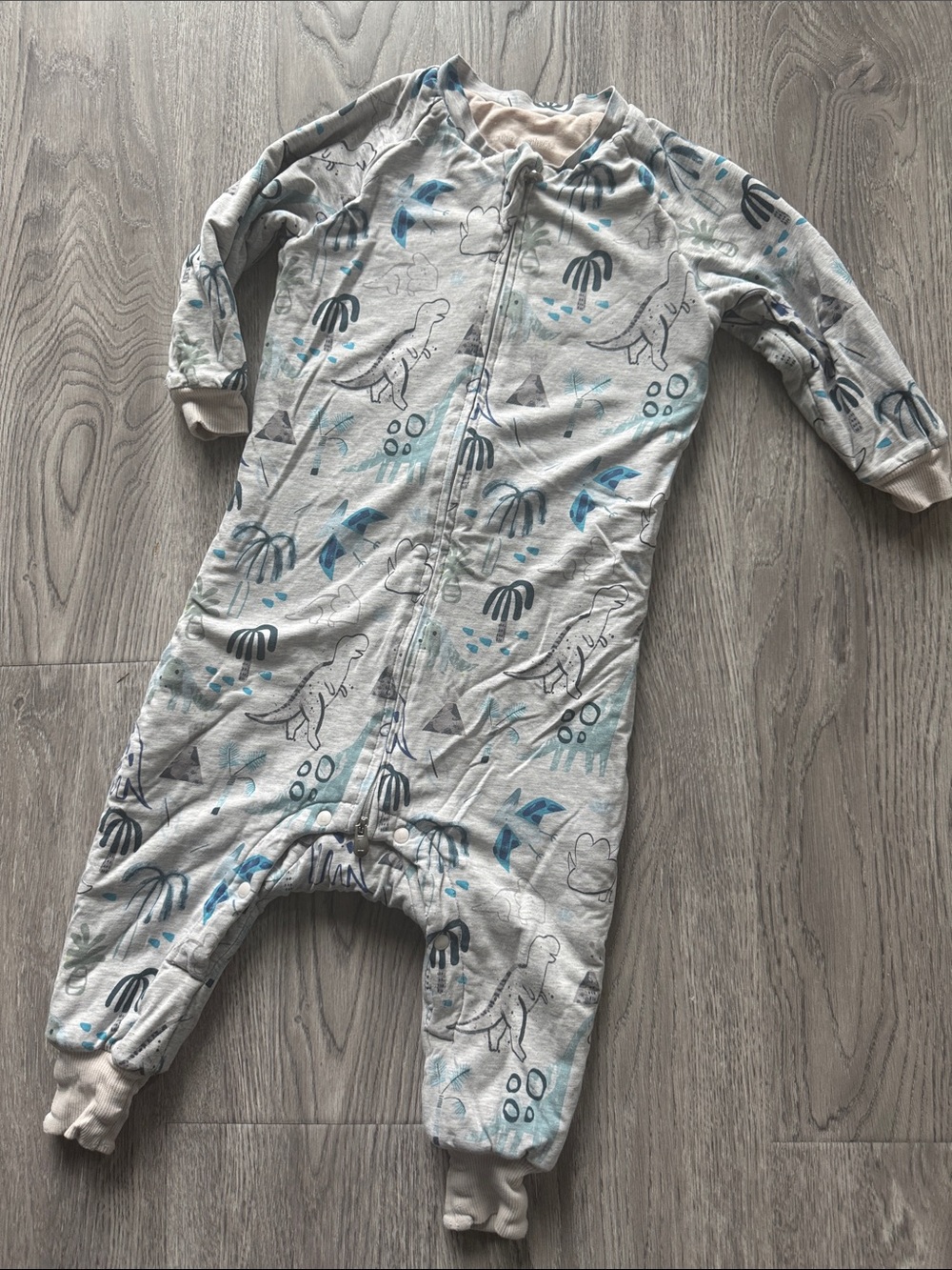 Footed Zipper Romper in Light Gray with Blue Dinosaur Print